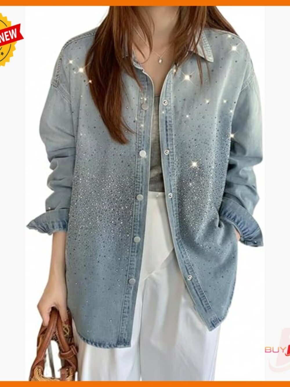 Oversized Denim Shacket with Rhinestone Details, Long Sleeve Button-Up Blouse